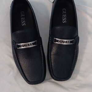 Guess Navy Blue Leather Slip-On Loafers with Metallic Detail